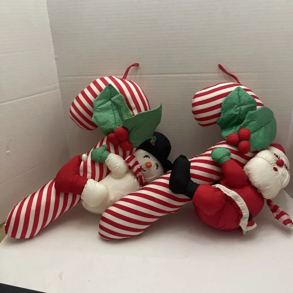 2 Vtg Inter. Silver Co Christmas Plush Parachute Nylon Santa Snowman 19” Hanging